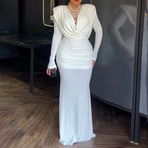ChicMe Women's Cowl Neck Ruched Cinched Waist Slim Fit Maxi Dress Casual Padded Shoulders Backless Evening Dress