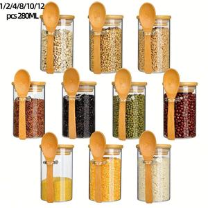 280ml Clear Glass Storage Bottle with Lid, 1/2/4/8 Counts Grain Storage Container with Spoon, Food Sealed Jar for Tea, Coffee, Spice, Candy, Biscuit, Cereal, Summer Gift