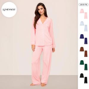 KatchMe & LUMENNEST Women's Basic Color Matching Trim Button-Up Long Sleeve Top & Drawstring Waist Loose Trousers Sleepwear Co-ord, Leisure Pajama Set for Fall & Winter