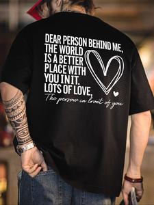 Men's Letter & Heart Print Round Neck Tee, Loose Casual Short Sleeve Crew Neck T-shirt for Summer, Fashion Men's Top for Daily Wear, Tropical