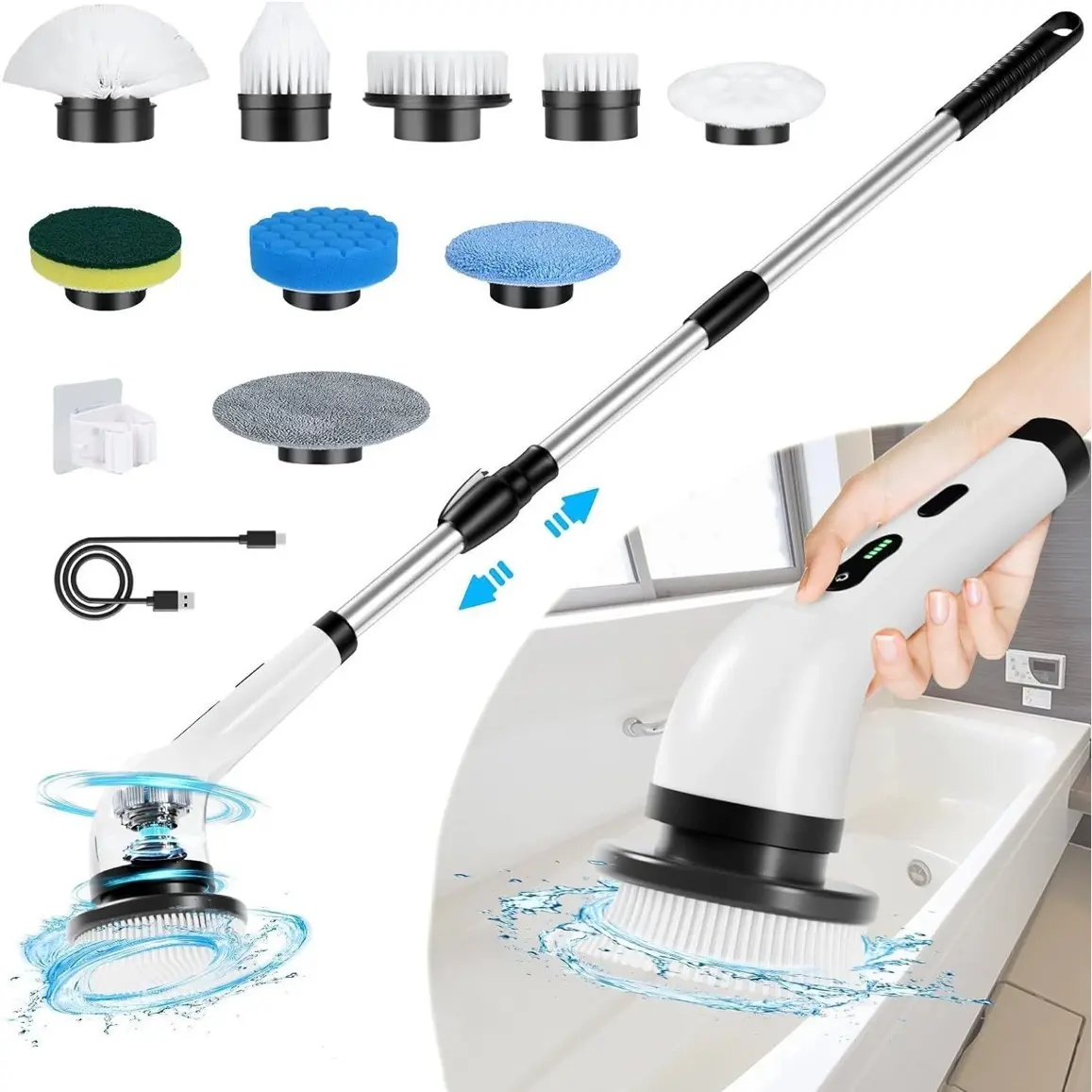 Powerful Cordless Electric Spin Scrubber with 9 Brush Heads - Rechargeable Bathroom Tile Grout Cleaner for Home Cleaning - Perfect Back to School Cleaning Bundle