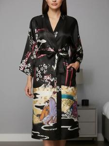 Women's Floral & Figure Print Belted Satin Robe, Casual Long Sleeve V Neck Pocket Design Robe, Dressing Gown Women, Ladies Sleepwear for All Seasons