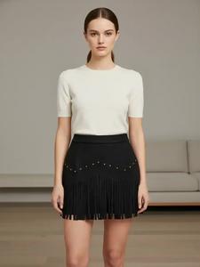 Women's Fringe Trim Short Skirt, Elegant Solid Color Zipper Skirt for Daily Wear, Ladies Bottoms for All Seasons, Skirts, Casual Sporty Skirt