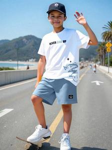 2pcs Tween Boys' Casual College Style Cute Pattern Round Neck T-Shirt And Shorts Set, Suitable For Commuting, School, Daily Casual, Sportswear, Spring Summer, Boys  Shorts Set