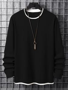 Men's Stylish Plain 2 in 1 Contrast Binding Round Neck Long Sleeve Tee, Casual Regular Fit Basic Crew Neck Longsleeves T-shirt for Fall & Winter, Men's Clothes for Daily Wear,  Men's T Shirts, Men Tops, Menswear