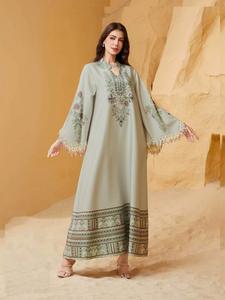 Women's Embroidery  Long Sleeve Dress, Elegant Fringe Trim Arabic Clothing for Party Evening Formal Occasions, Ladies Clothes for All Seasons