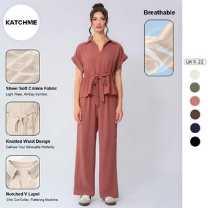 Katch Me Look Women's Versatile Collared Rolled-Up Short Sleeve Top & Wide Leg Trousers Co-ord (B), Holiday Outfits for Spring & Summer, Comfortable Womenswear