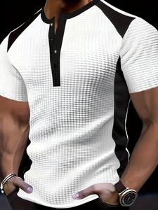 Men's Colorblock Short Sleeve Henley Shirt, Regular Fit Casual Waffle-Knit Top for Summer, Men's Clothes for Daily Wear