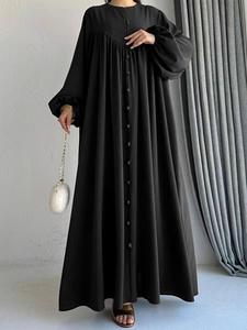 Women's Solid Color Button Decor Long Sleeve Robe, Modest Comfort Basic Islamic Clothing, Ladies Muslim Clothes for Daily Wear, Modesty Muslim Clothing