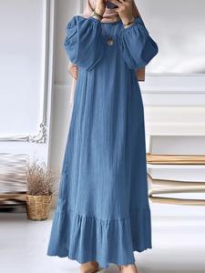 Women's Solid Textured Belted Ruffle Hem Arabian Dress, Casual Bishop Sleeve Round Neck Long Dress for Fall & Winter, Women's Islamic Clothing for Daily Wear