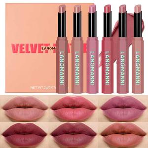 Langmanni 6pcs 12 Color Velvet Matte Lipstick Set, Hexagonal Tube, Smooth Application, Lip Makeup, Perfect for Daily Use