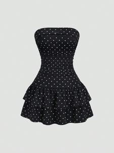 New French Fashion Polka Dot Lace Ruffle Bow Design Office Commuter Everyday Cute Sweet Style Strapless Bodycon Cinched Waist Tiered Hem Black Elegant Women's Dress