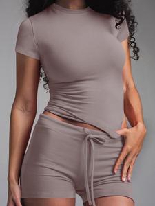 Women's Solid Color Modal Loungewear Two-Piece Set, Casual Comfy Short Sleeve Round Neck Tee & Drawstring Waist Shorts PJ Set, Ladies Sleepwear for All Seasons