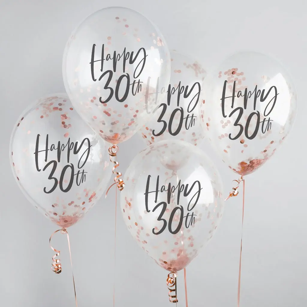 Happy 30th Rose Gold Confetti Balloons - 30th Birthday Balloons - Pack of 5