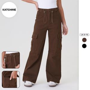 Katch Me Look Women's Versatile Mid-Rise Toggle Waist Cargo Pocket Wide Leg Trousers, Minimalist Multi-Pocket Soft Cargo Pants, Classy Women's Bottom