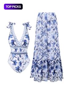 Women's Floral Print One-Piece Swimsuit & Cover-Up Skirt Set, Swimwear for Beach Holidays and Vacations, Ladies Swimsuit in Bold Colors and Designs, Swimsuit Cover Ups, Bathing Suit Cover Up Skirt