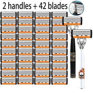 Six Layer Blade Manual Shaver for Men and Women, Stainless Steel System with 2 Handles and 48 Replaceable Blades, Anti-Slip Handle, Shaving Razors