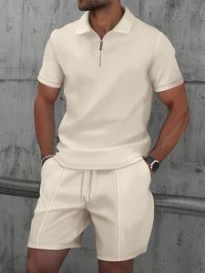 Two-Piece Set Men's Solid Half Zip Polo Shirt & Shorts, Regular Fit Casual Fashion Cozy Breathable Short Sleeve Top & Shorts for Daily Outdoor Wear, Men Two-piece for Summer