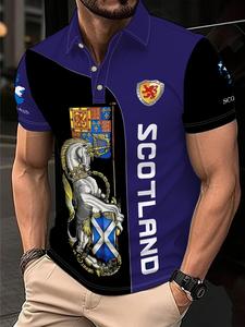 Men's Scottish Casual Short Sleeve Shirt, Lion Shield Print, Breathable Polyester, Regular Fit H Code, Spring Summer Outdoor Wear