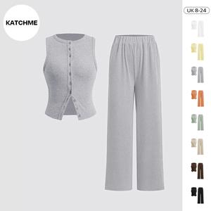 KatchMe Women's Casual Solid Color Sleeveless Button-Up Slim Tank Top & Wide Leg Trousers Co-ord, Minimalist Two Piece Outfits, Comfort Basic Co-ord Set