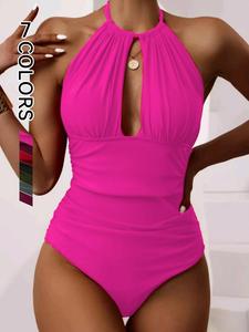 Women's Solid Cut Out Ruched Backless One-piece Swimsuit, Casual Halter Neck Tie Back Swimwear for Summer, Fashion Women's Swimsuit for Beach Holiday Vacation