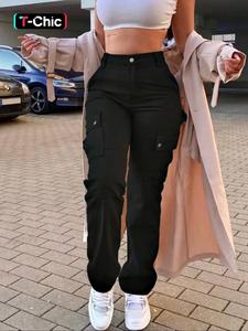 Women's Plain Pocket Button Fly Cargo Pants, Casual Fashion Streetwear Solid Color Trousers for Daily Wear, Ladies Bottoms for All Seasons, Womenswear, Baggy Pants