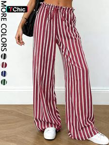 Women's Casual Loose Fit Elastic Waist Belted Striped Long Pants Wide Leg Trousers for Daily Commuting Casual Work Pants