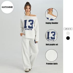 Katch Me Look Women's Casual Solid Color Sloping Shoulder Letter Print Long Sleeve Top & Wide Leg Trousers Co-ord, Versatile Loose Tracksuit, Minimalist Two Piece Outfits
