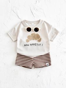 Baby's Colorblock Letter Print Short Sleeve Tee & Striped Print Shorts Two-piece Set, Casual Round Neck T-shirt & Shorts, Summer Outfits Clothes for Infant Toddler, Babywearing, Baby Clothing