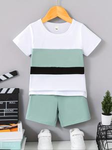 Two-Piece Set Toddler Boy's Colorblock Print Short Sleeve Tee & Elastic Waist Shorts, Casual Round Neck T-shirt & Shorts for Summer, Kids Clothes for Daily Wear, Going Out Sets, Toddler Outfit