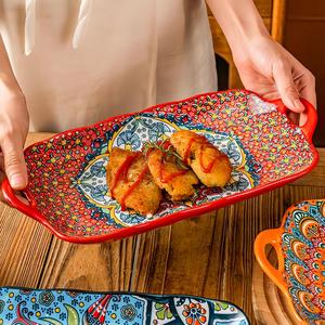 Ceramic Rectangle Baking Plate, 4 Counts/set Colorful Exquisite Salad Dessert Plate with Handle, Kitchen Tableware for Home Dining Room Picnic, Modern Ceramic Dinnerware