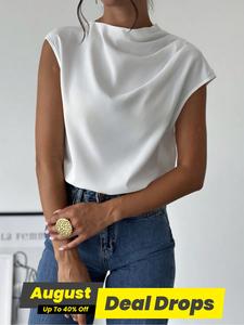 Women's Plain Asymmetrical Keyhole Neckline Blouse, Basic Formal Slim Fitted Elegant Cap Sleeve Top for Work Office Business, Pretty Attitude Clothes, Clothes for Women, Womenswear, Casual Blouse Shirts, Casual Summer Blouses