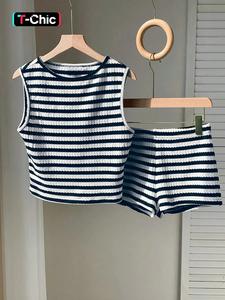 Two-piece Set Women's Striped Pattern  Tank Top & Shorts, Casual Sleeveless Round Neck Top & Shorts for Summer, Ladies Clothes for Daily Wear