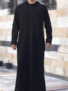 Men's Solid Color Hooded Robe, Elegant Long Sleeve Button Robe for Daily Wear, Fashion Muslim Clothing for All Seasons