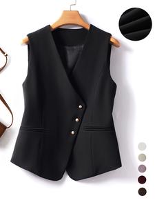 Women's Solid Asymmetrical Button Front Vest Blazer, Elegant V Neck Sleeveless Outerwear, Ladies Spring & Fall Clothes for Work Office Business, Back to School Womenswear