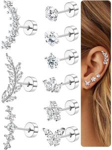 9Pcs Helix Piercing Jewellery Surgical Steel Helix Tragus Cartilage Earrings Hypoallergenic Earring Set Flat Back Earrings Studs Hypoallergenic Post Earrings Gold Silver Ear Conch Daith Tragus Piercing Jewellery for Women