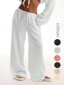 Women's Front Tie Linen-Feel Beach Pants, Loose Fit Wide Leg Casual Trousers, Elastic Waist Drawstring Design, Summer Comfortable Style