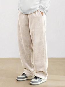 Men's Solid Drawstring Waist Corduroy Pants, Loose Casual Comfy Pocket Elastic Waist Straight Leg Trousers for Fall & Winter, Men's Bottoms for Daily Wear