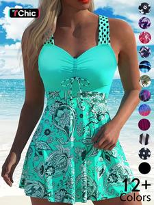 Women's Plants Print V Neck Swimdress & Tankini Set, Casual Sleeveless Swim Dress & Swim Top Two-piece Swimsuit for Beach Holiday Vacation, Ladies Swimwear for All Seasons, Summer 2 Piece Set