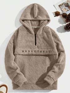 Men's Letter Pattern Zip Up Fuzzy Hoodie, Casual Loose Drop Shoulder Long Sleeve Hooded Sweatshirt for Fall & Winter, Men's Clothes for Daily Wear