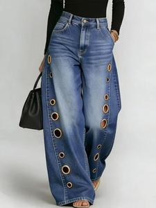 D8773 2026 Spring Summer New Metal Asymmetrical Eyelet Women's Solid Color Loose Jeans, Available Now