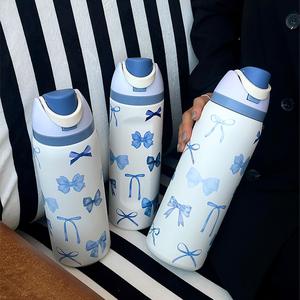 Bow Pattern Stainless Steel Vacuum Flask, 1 Count Portable Insulated Water Bottle with Straw, Summer Cool Bottle Drinking Cup for Home Office School Outdoor Camping, Drinkware, Insulated Tumbler, Insulated Travel Drinkware