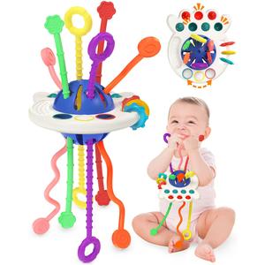 Baby Sensory Montessori Toy, Pull String Silicone Teething Toy, Sensory Teether, Travel Toy for 1 2 Year Old Boy Girl Infant Toddlers, Baby Stuff