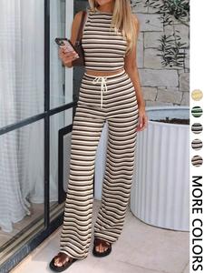 Women's Striped Print Tank Top & Wide Leg Pants Set, Casual Two-piece Set for Daily Wear, Ladies Clothes for Summer