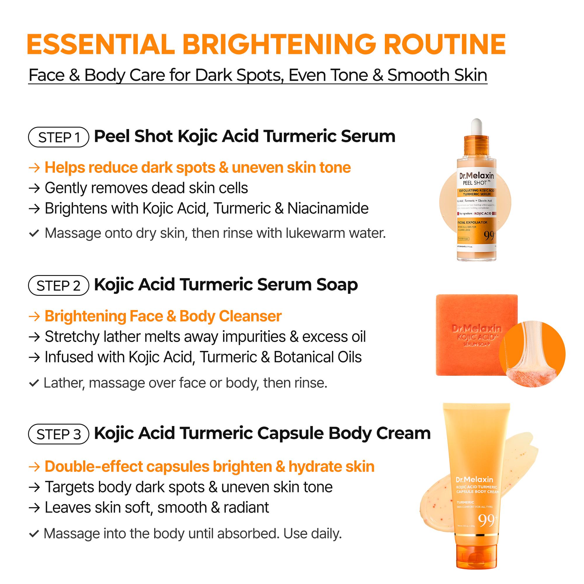 [Dr.Melaxin Official] Brightening Essentials for Face & Body | Peel Shot Serum, Kojic Acid Turmeric Capsule Body Cream & Kojic Acid Turmeric Serum Soap 3-Piece Set