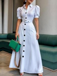Women's Plain Loose Puff Sleeve Shirt Dress, Elegant Short Sleeve Long Dress for Summer, Ladies Clothes for Daily Wear