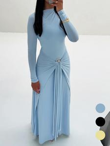 Elegant Women's Long Sleeve Dress with Ring Buckle Tie, Slim-Fit Casual Muslim Clothing for Fall & Winter, Plain Color Daily Wear