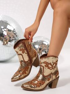Women's Chelsea Boots, Autumn Winter New Pointed Toe Chunky Heel Short Booties, Sequins Decoration, Casual Fashion Shoes