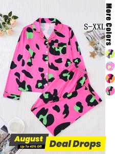 Women's Leopard Print Contrast Binding Lapel Neck Pajama Set, Long Sleeve Pocket Button Front Top & Elastic Waist Pants Pj Set, Women's Sleepwear for Spring & Fall, Nightwear Loungewear Set