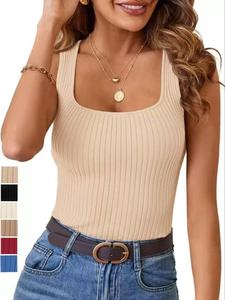 Women's Solid Square Neck Ribbed Tank Top, Casual Sleeveless Top for Summer, Ladies Clothes for Daily Wear